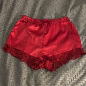 Elegant Red Lace Trim Satin Shorts
